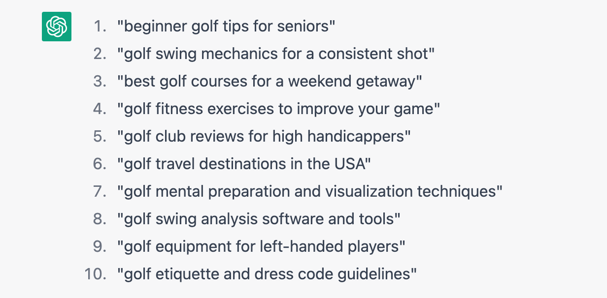 Long-tail keywords for the golf niche, generated by ChatGPT