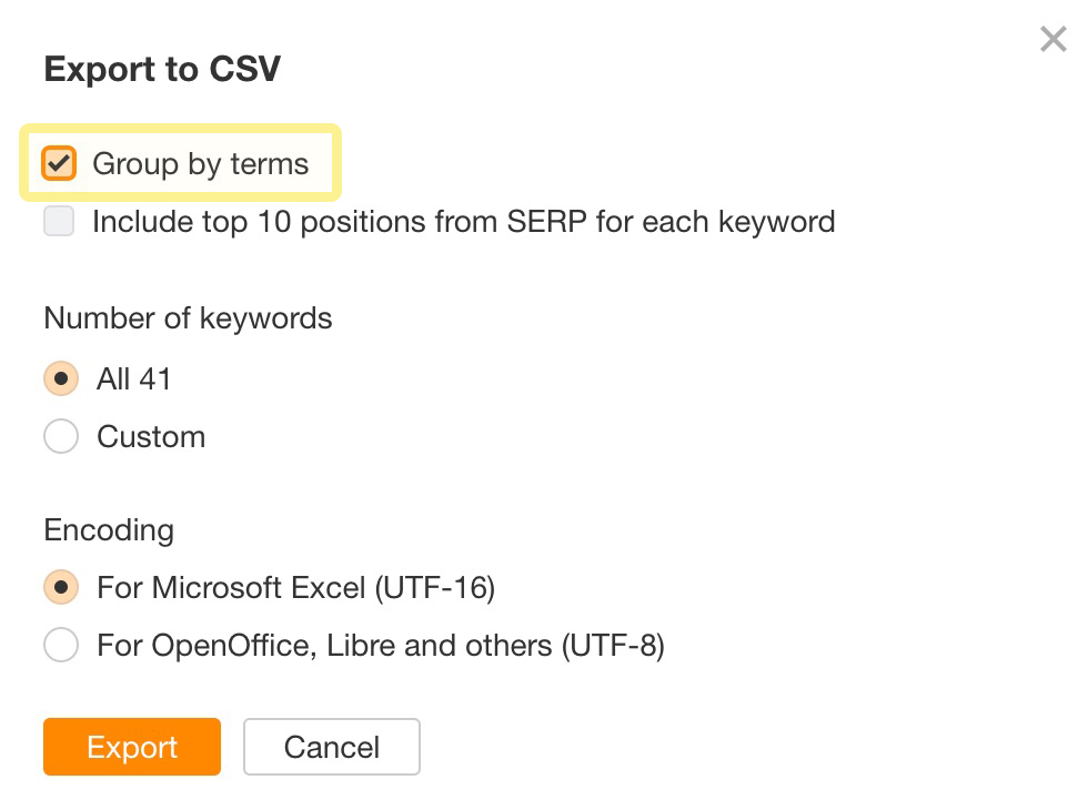 “Group by terms” export mode