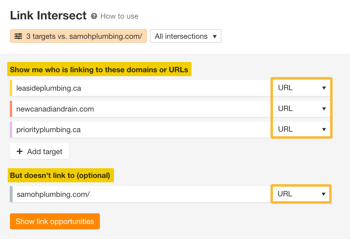 Ahrefs' Link Intersect tool