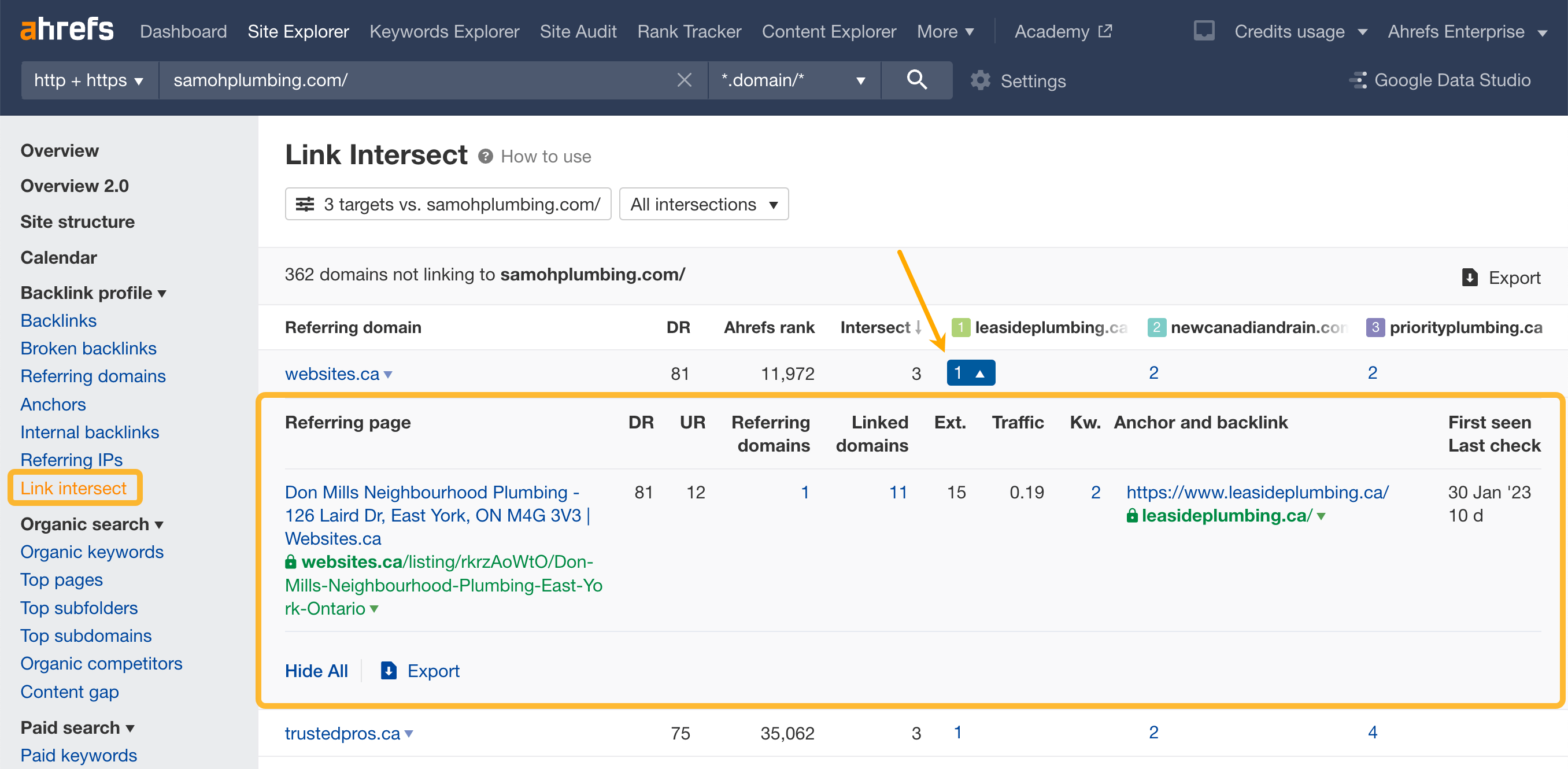 Ahrefs Site Explorer（网站分析）中的  Link Intersect（交集外链分析）报告