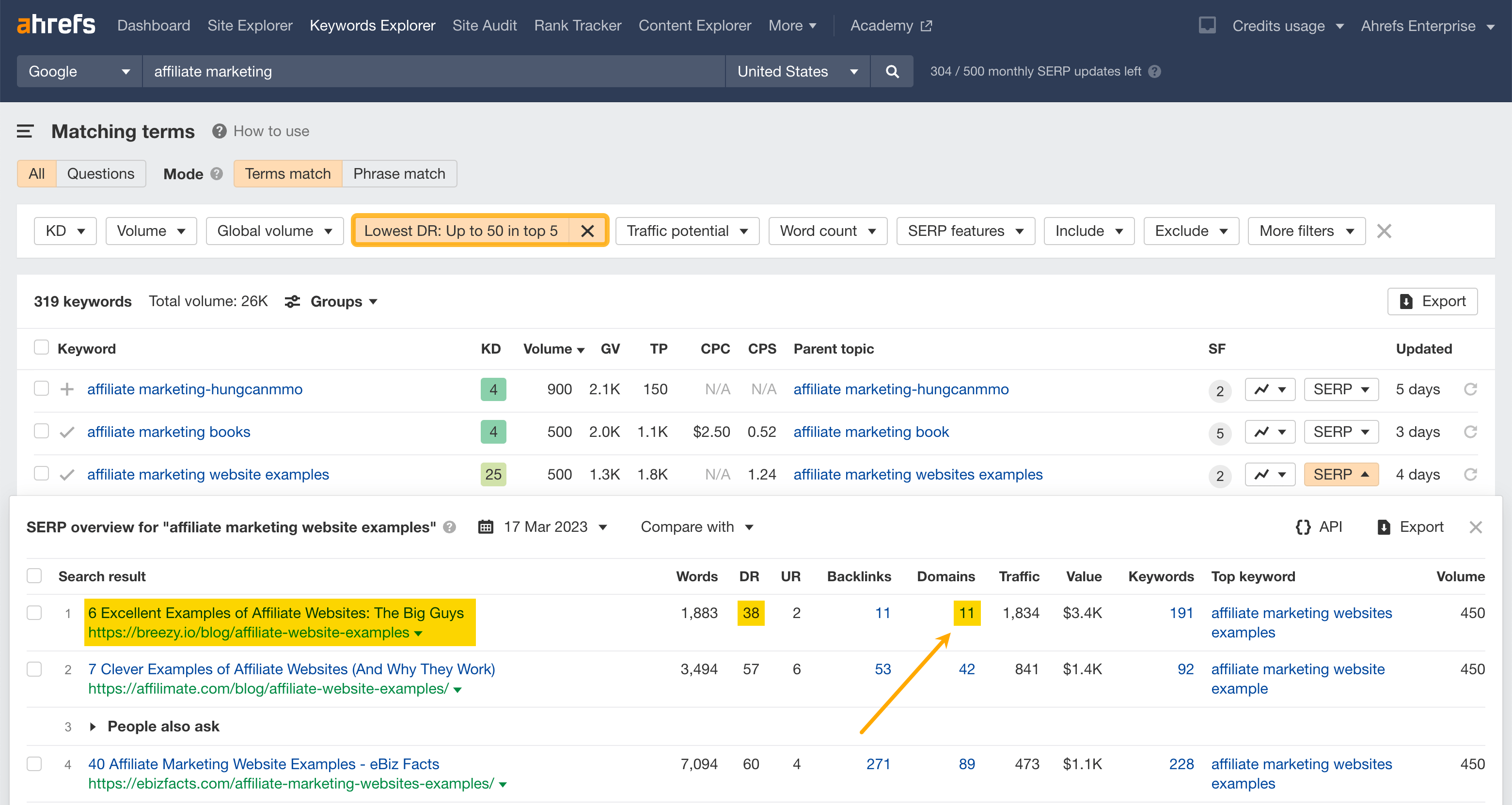 Ahrefs Keywords Explorer（关键词分析）设置 最低 DR 过滤器