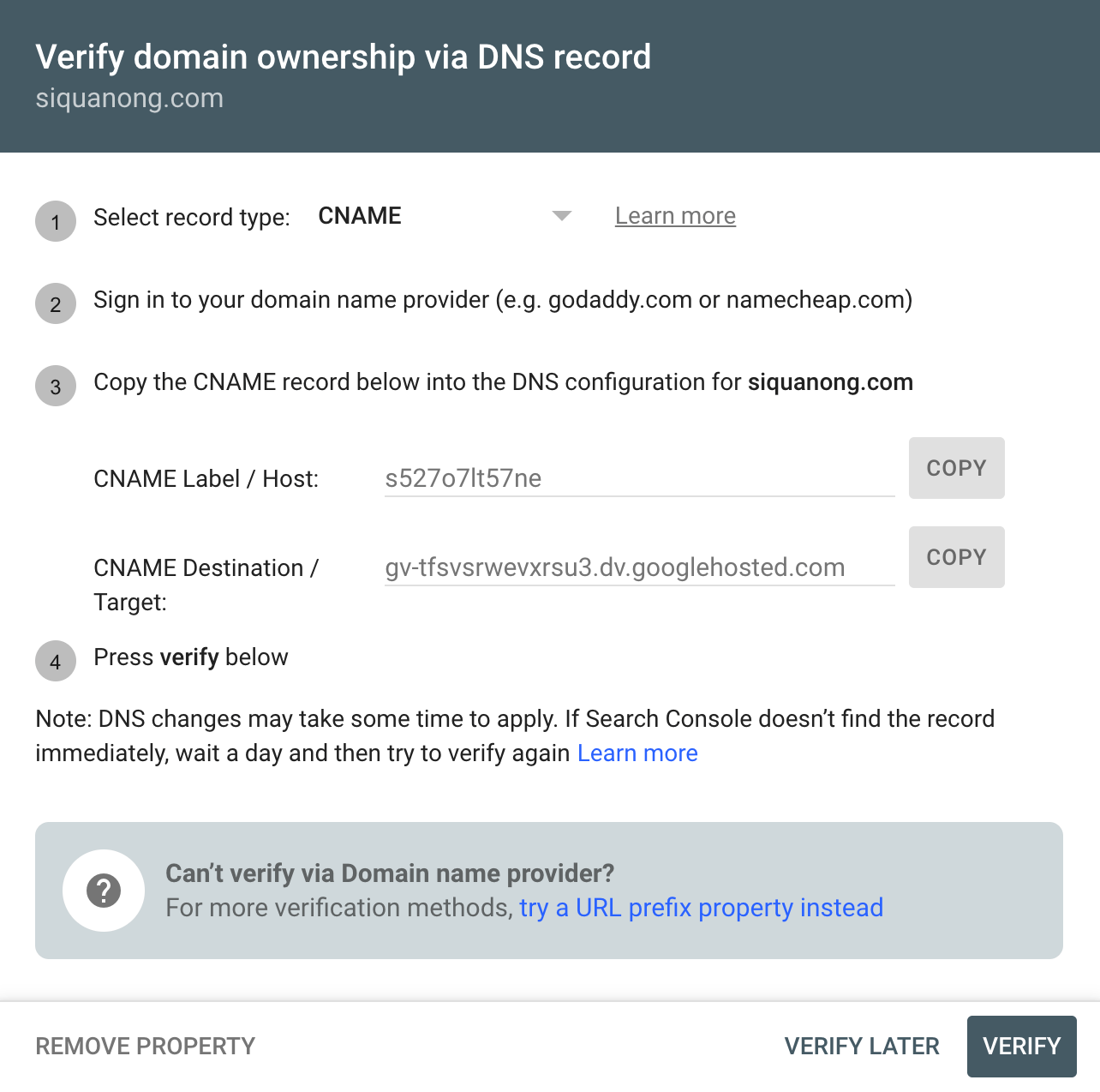Verifying domain ownership via CNAME in Google Search Console