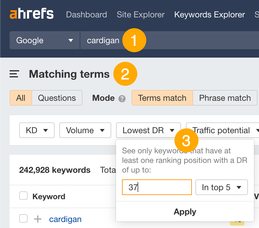 Filtering for keywords with low-DR sites ranking in the top five

