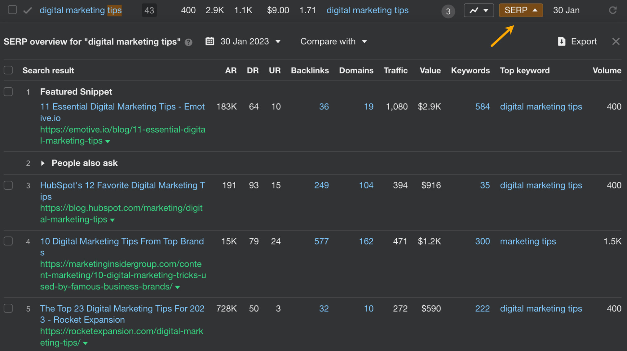 Viewing SERPs right in Keywords Explorer