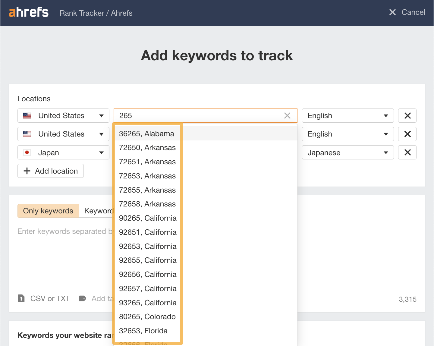 ZIP code selector example, via Ahrefs' Rank Tracker
