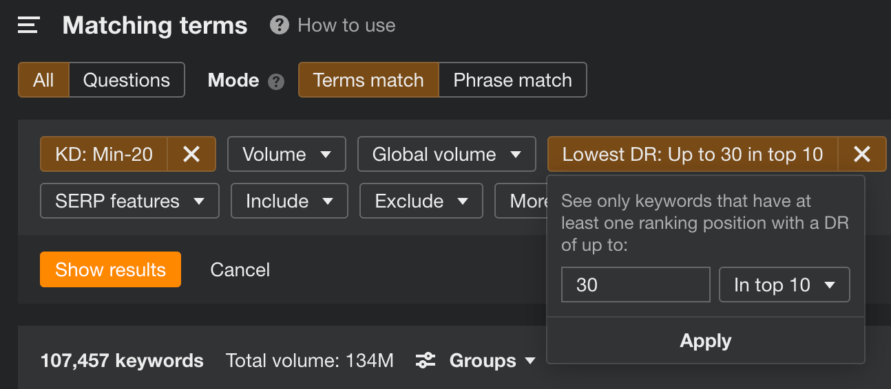 Keywords Explorer（关键词分析）中的 "Lowest DR（最低DR）" 过滤器