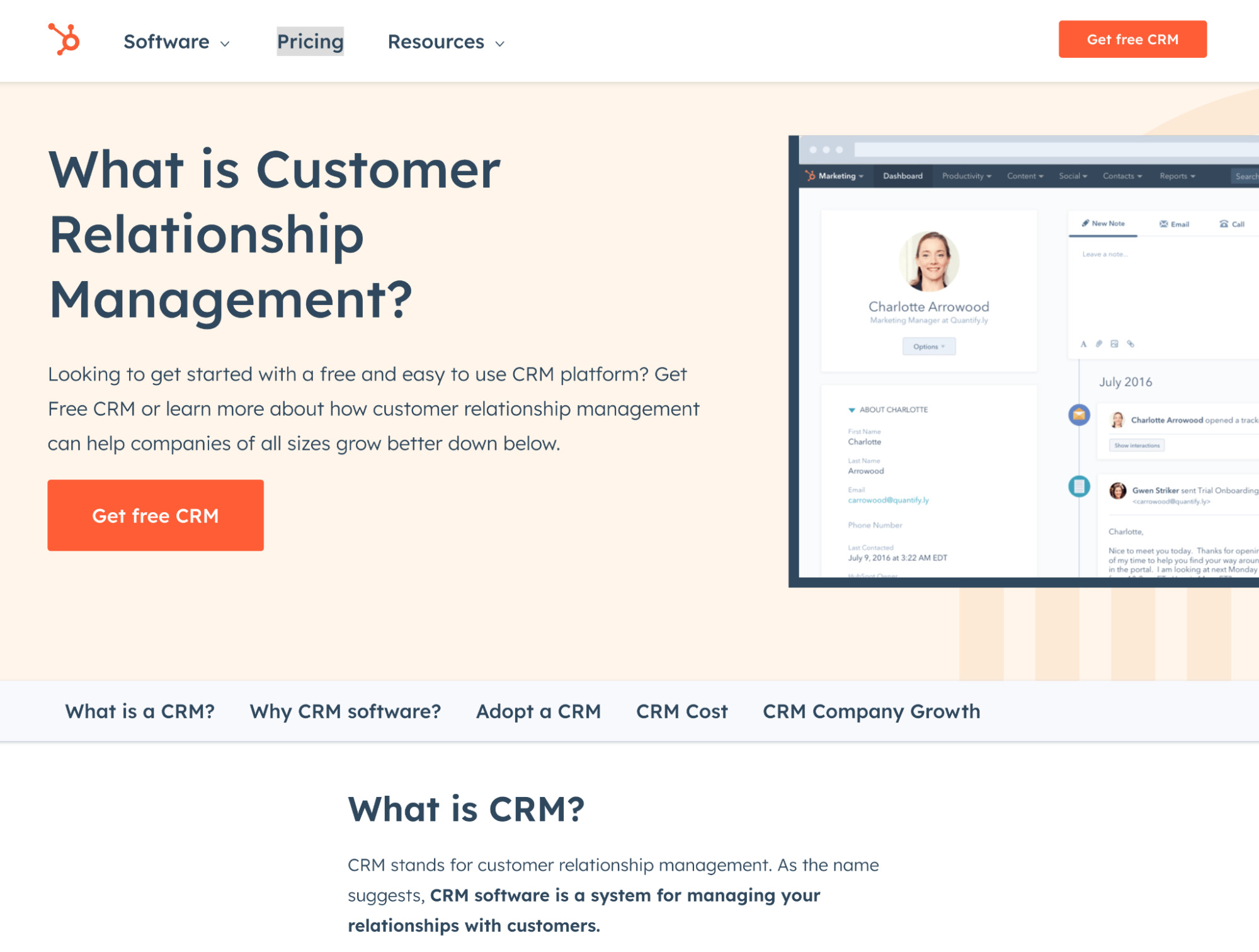 HubSpot CRM landing page