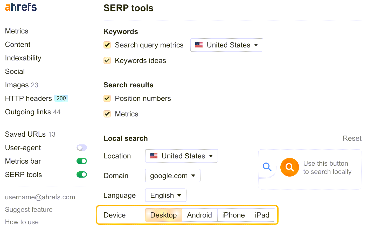 Selecting a device, via Ahrefs' SEO Toolbar
