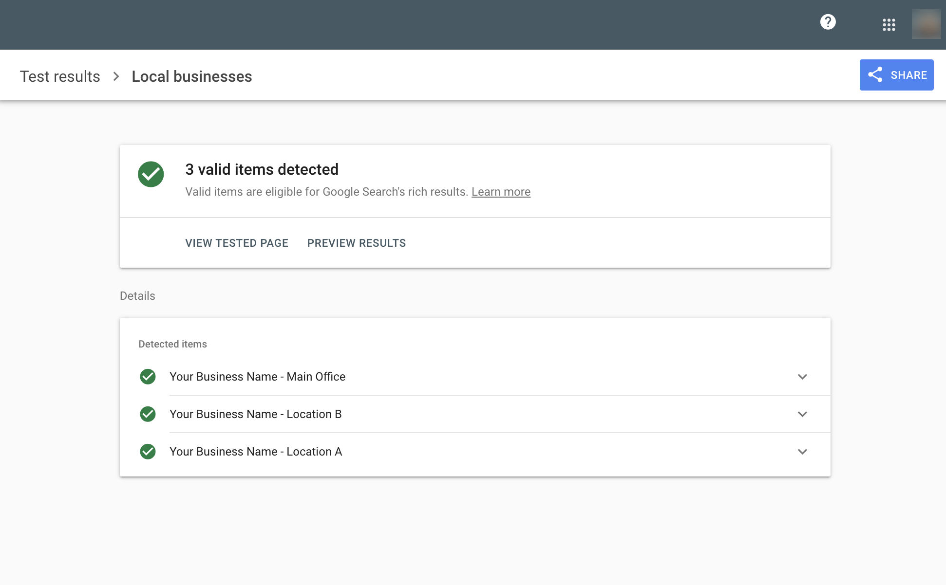 Multiple locations schema example, via Google Rich Results Test