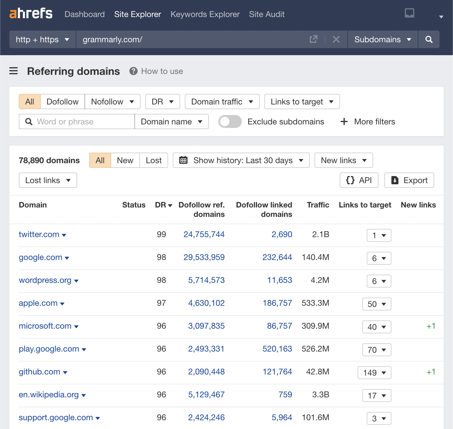 Ahrefs Site Explorer（网站分析）中 Referring domains（引用域）报告