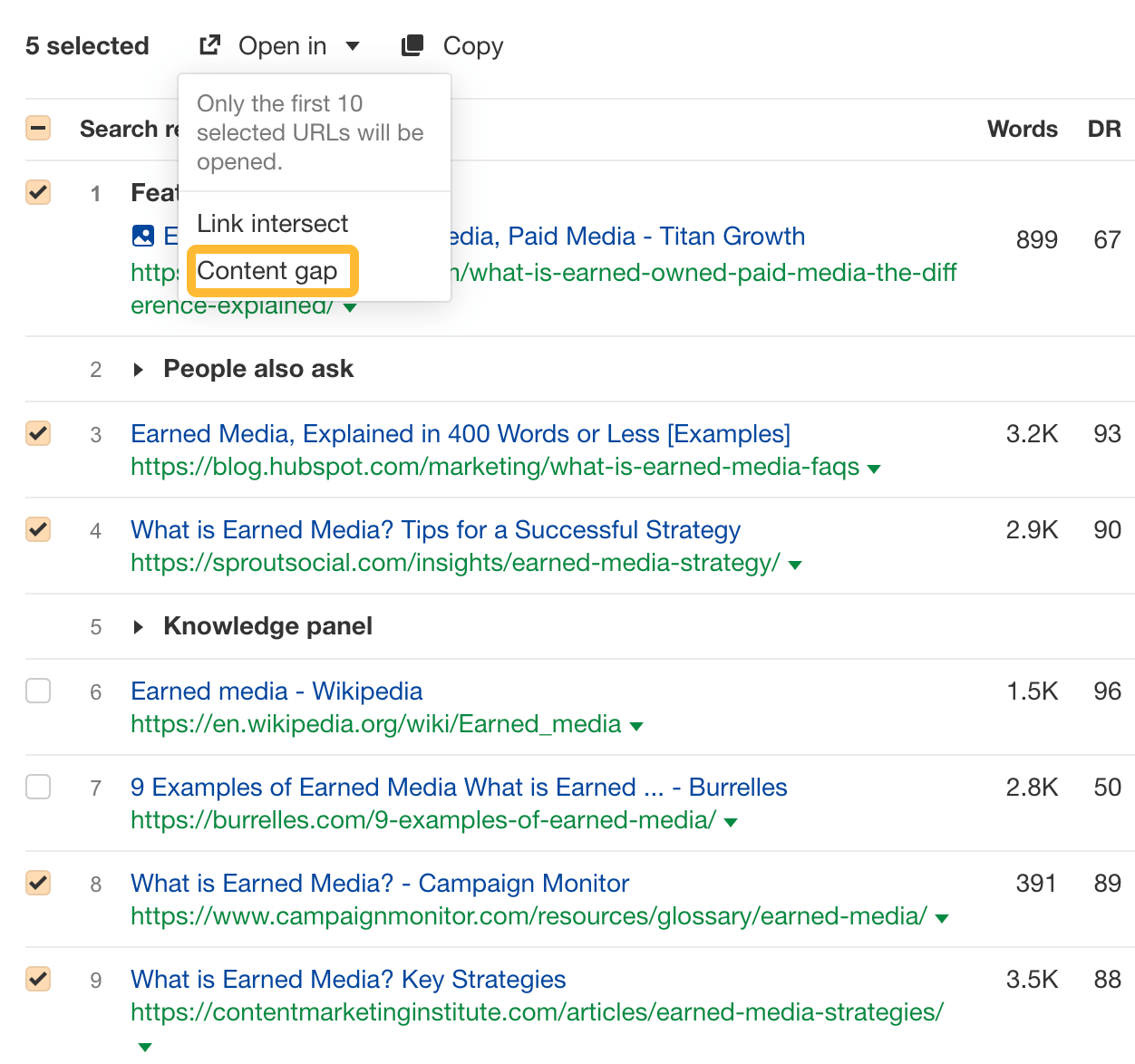 "Open in Content Gap" feature, via Ahrefs' Keywords Explorer