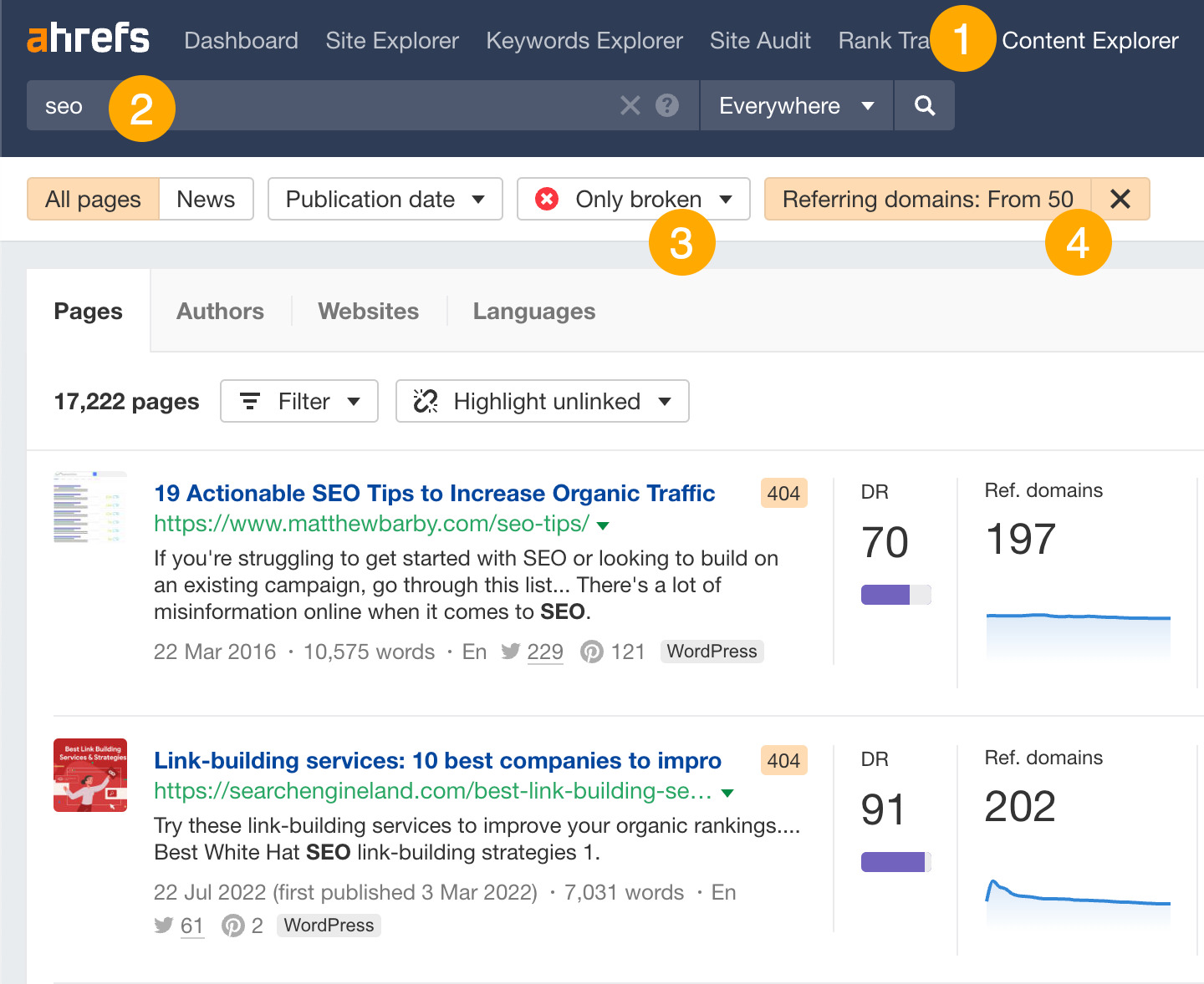 Searching for dead pages about a topic in Ahrefs' Content Explorer
