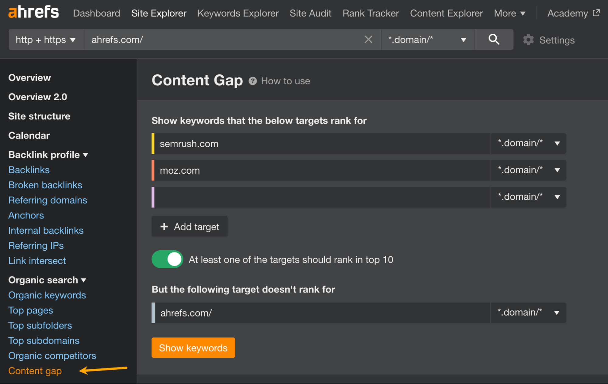 Content Gap tool in Ahrefs