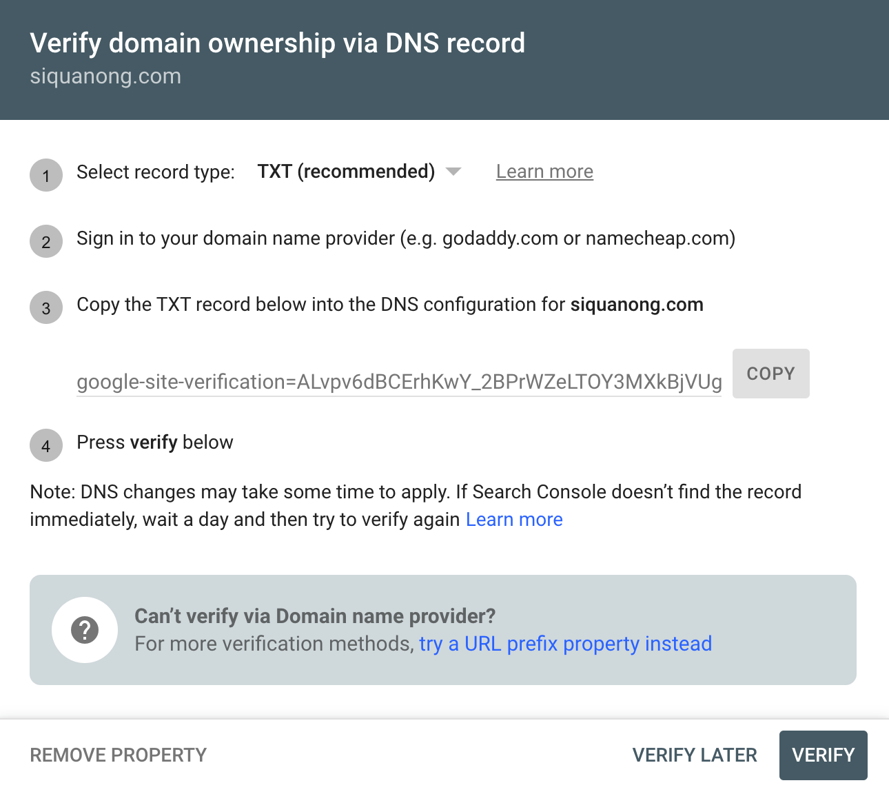 Verifying domain ownership via TXT in Google Search Console