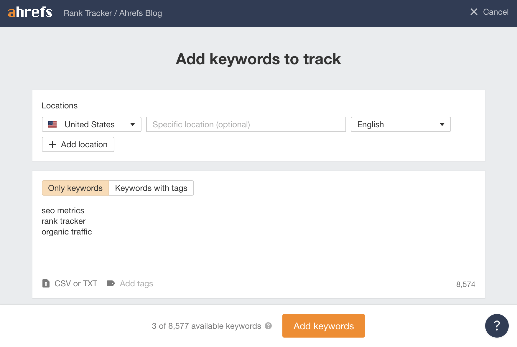 Keywords tracking input