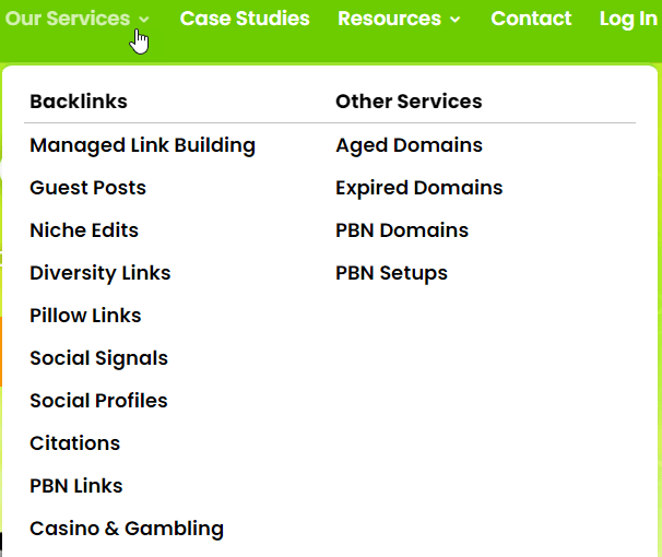 Example of service menu with both white and black hat links