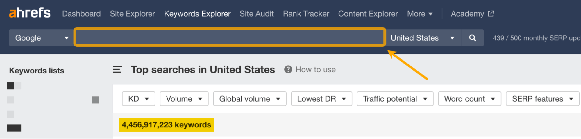 Empty search, via Ahrefs' Keywords Explorer