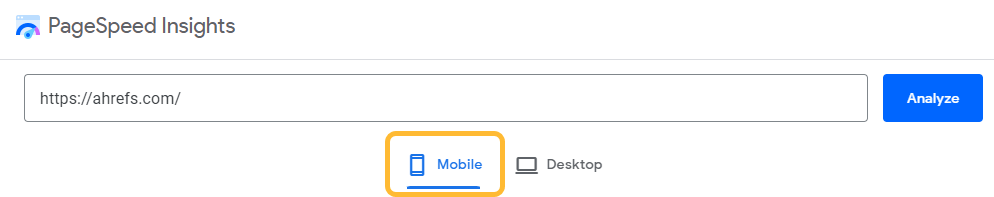 Selecting mobile view in PageSpeed Insights
