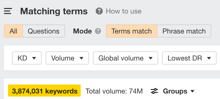 Matching terms report, via Ahrefs' Keywords Explorer