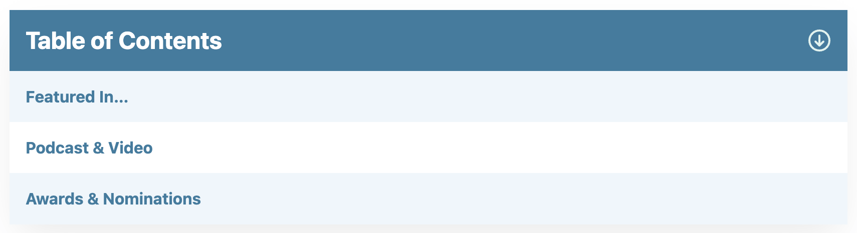 Table of contents for external website mentions