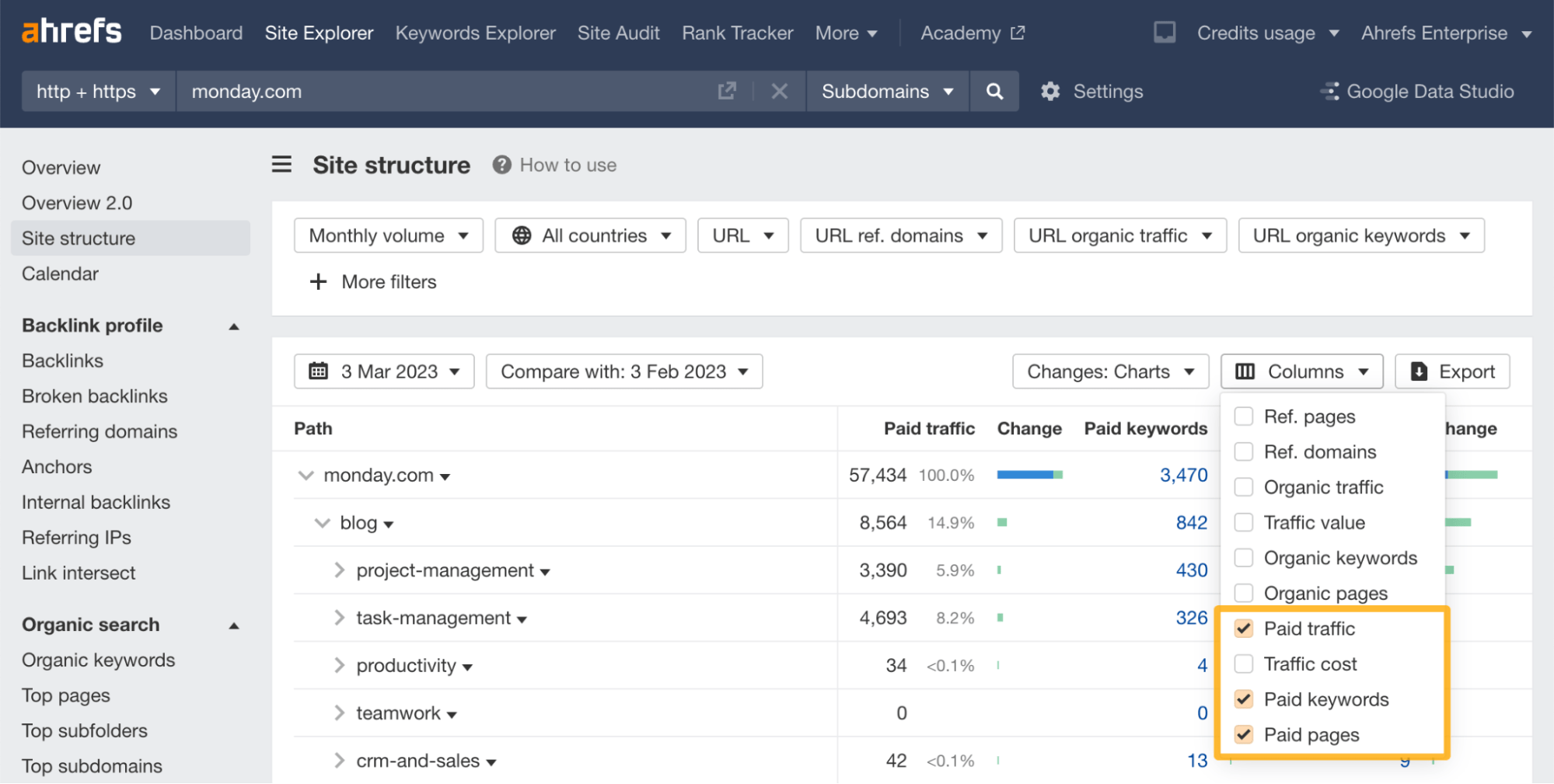 Ahrefs Site Explorer（网站分析）下的 Site structure（网站结构）报告，在 Columns（列）的下拉菜单中选择付费的相关指标