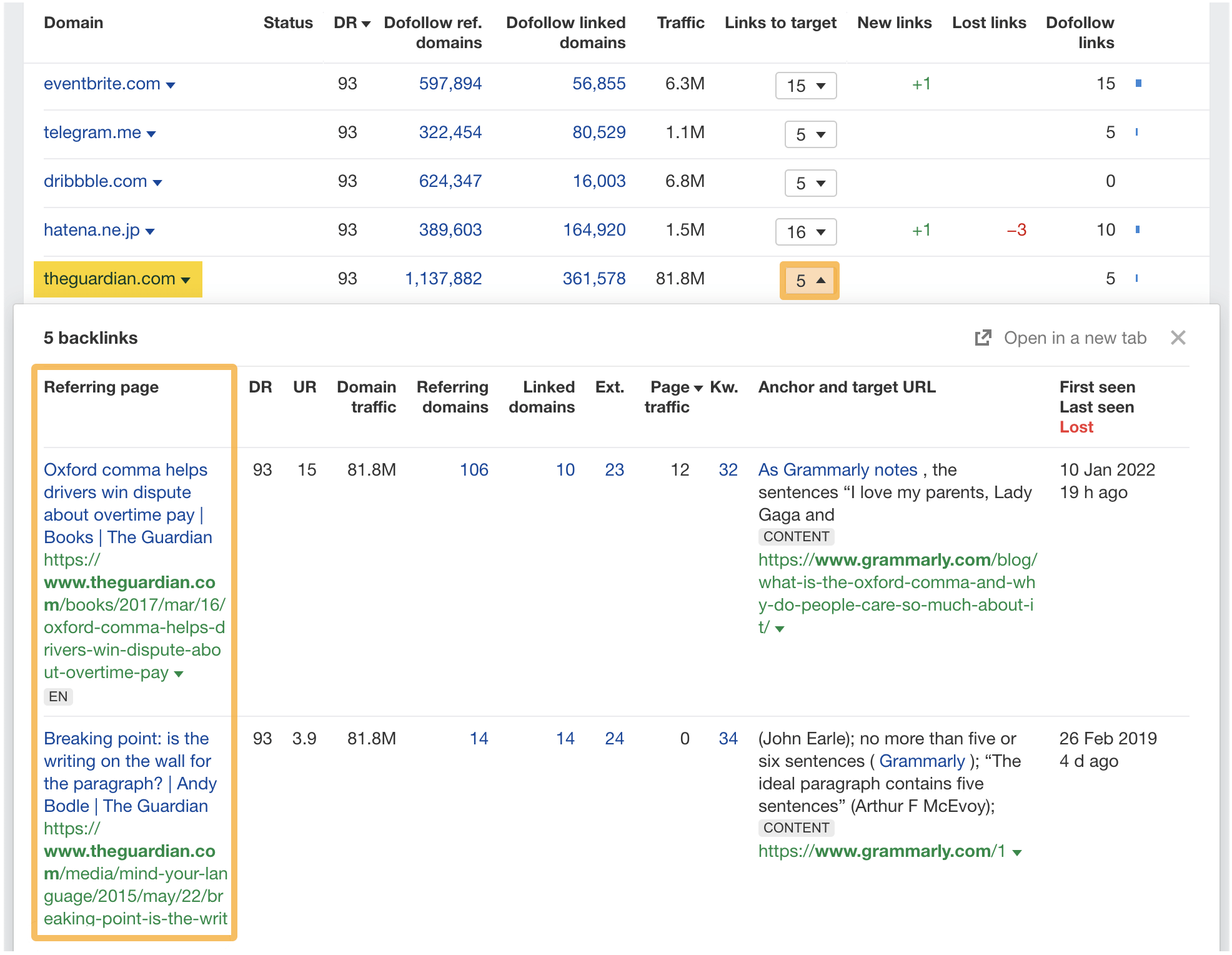 Links to target report, via Ahrefs' Site Explorer
