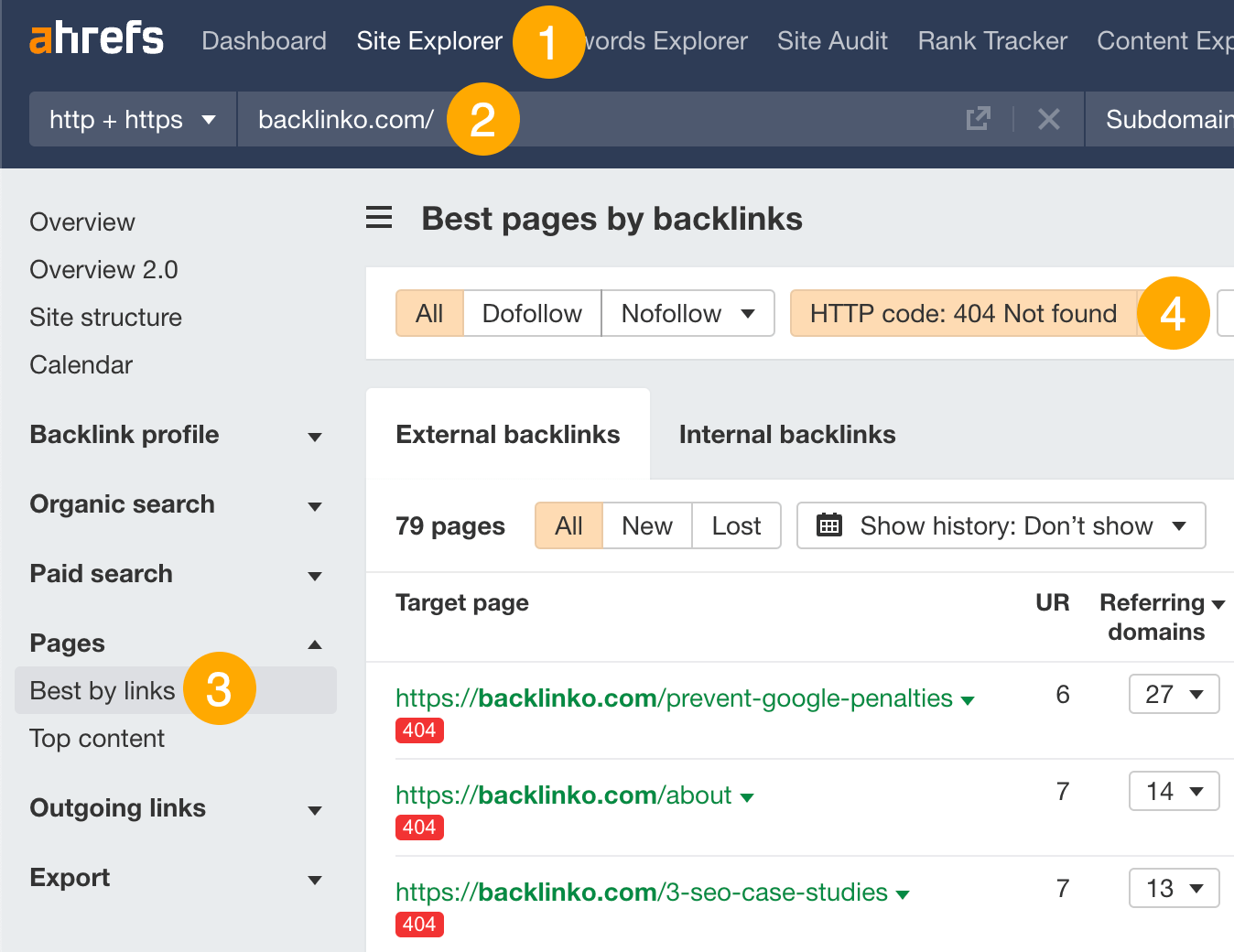 Filtering for dead pages with backlinks in Ahrefs' Site Explorer
