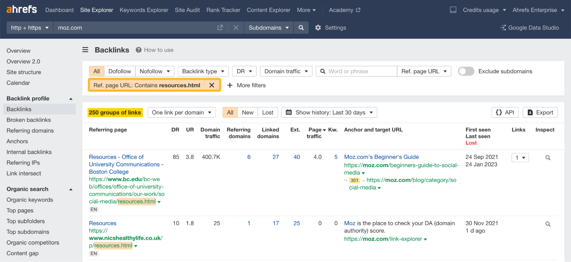 Backlinks report with a "Referring page URL" filter applied, via Ahrefs' Site Explorer
