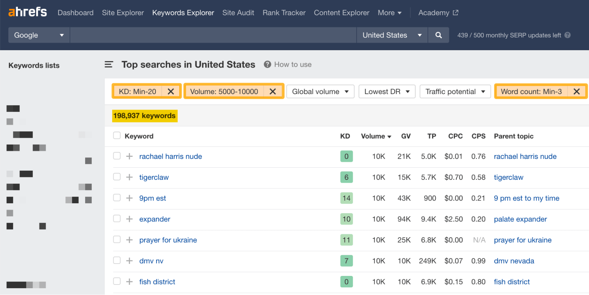 Find most popular search queries in U.S., via Ahrefs' Keywords Explorer