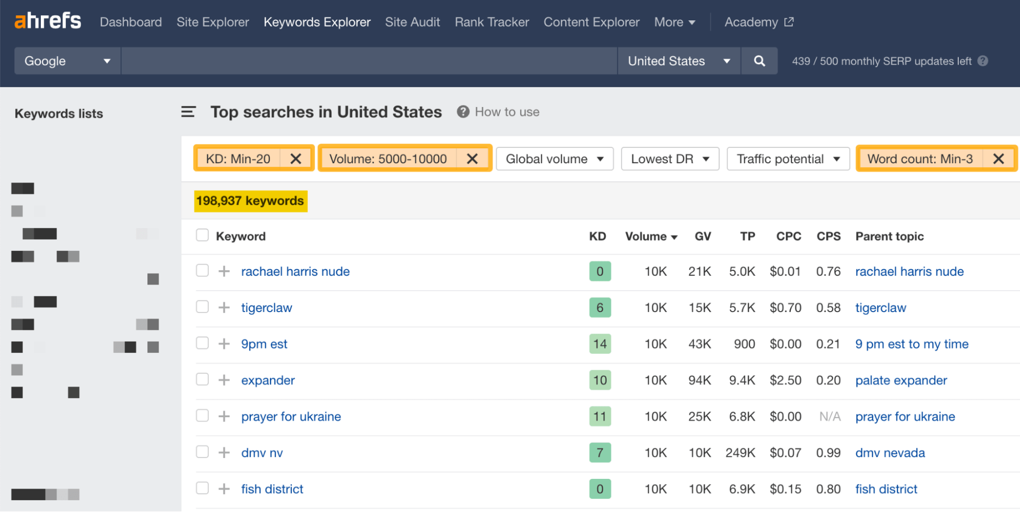 通过 Ahrefs Keywords Explorer（关键词分析） 寻找美国热门的搜索词