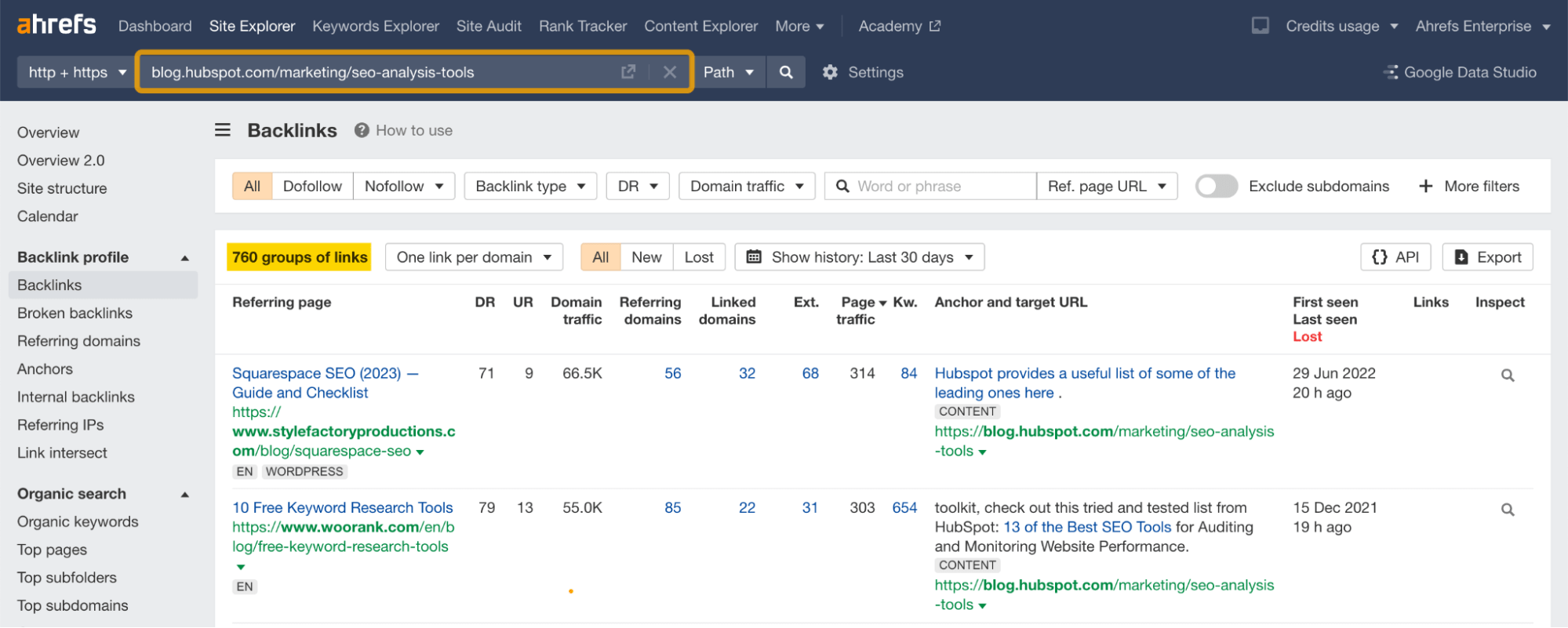 Backlinks report, via Ahrefs' Site Explorer