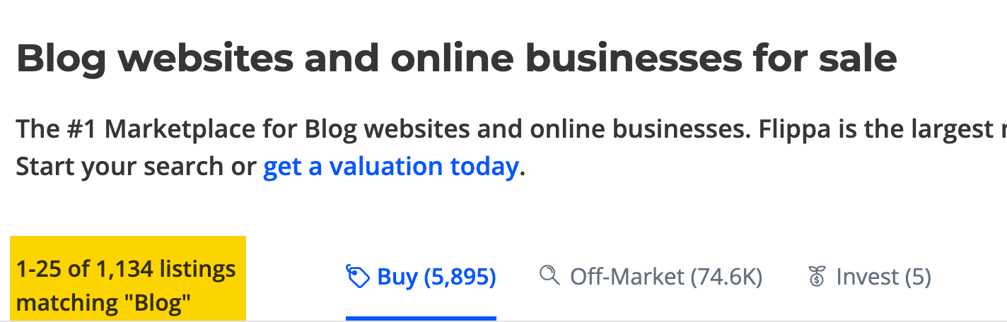 Number of blogs for sale on Flippa