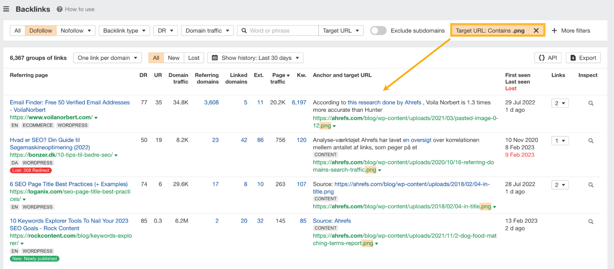 Ahrefs  Site Explorer（网站分析）中的 Backlinks（反向链接）报告里设置"Target URL（目标URL）" 过滤器