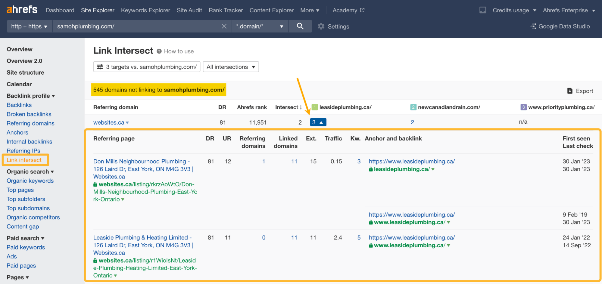 Link Intersect report, via Ahrefs' Site Explorer