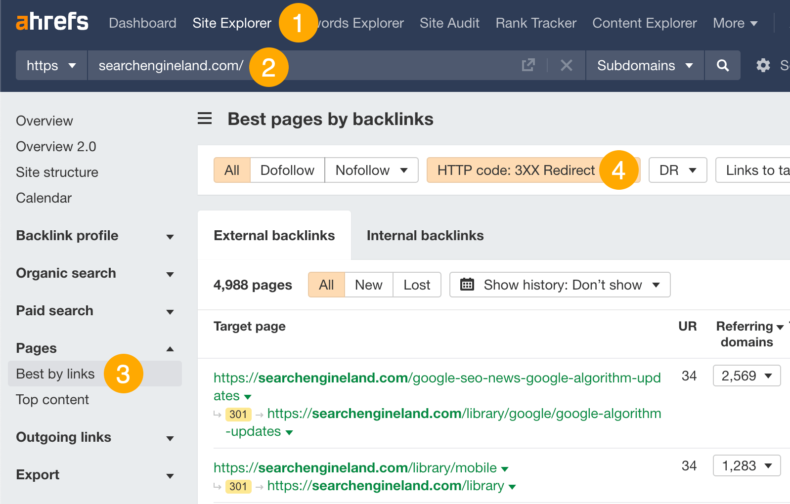 在 Ahrefs 的站点资源管理器中过滤带有反向链接的301重定向  