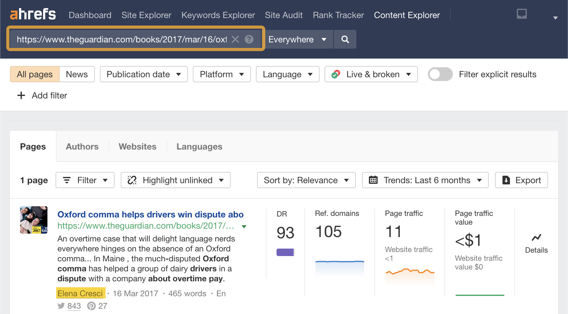 Ahrefs Content Explorer（内容分析）中特定 URL 数据
