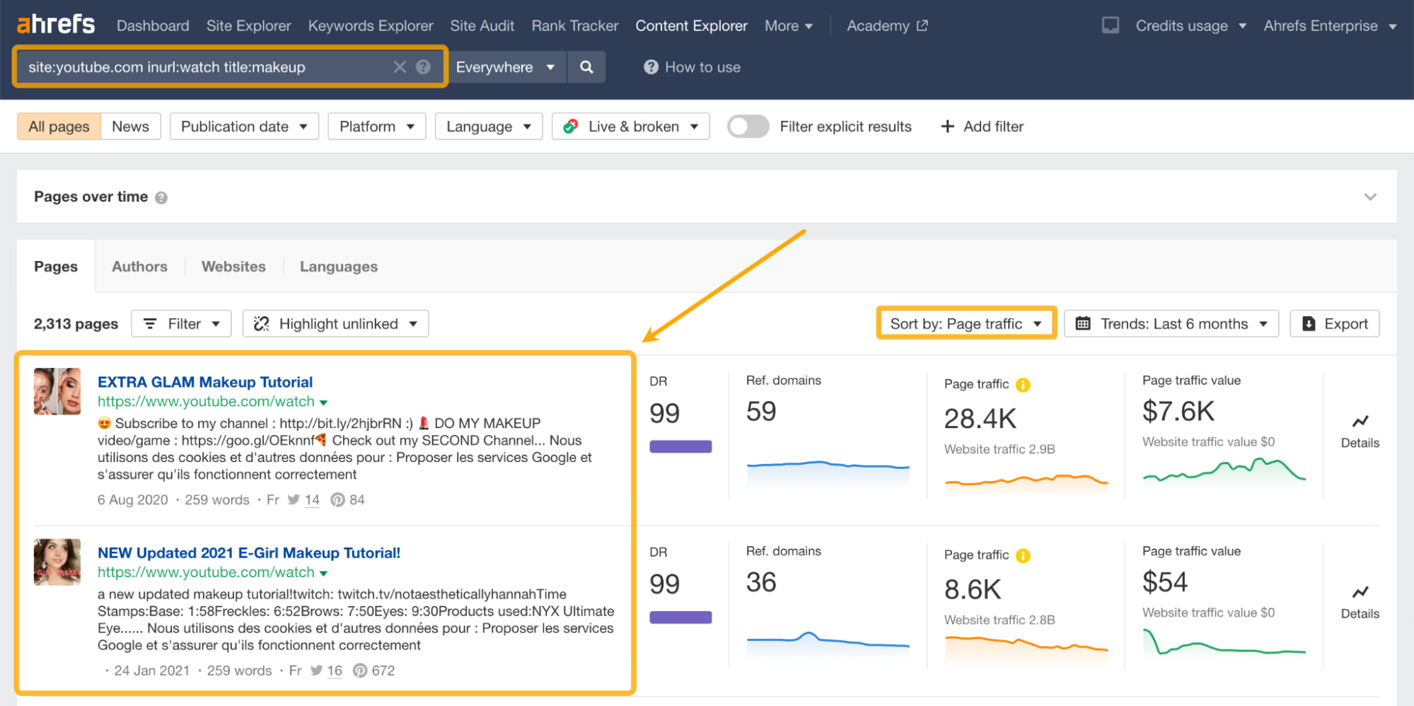 Ahrefs Content Explorer（内容分析）中视频结果搜索