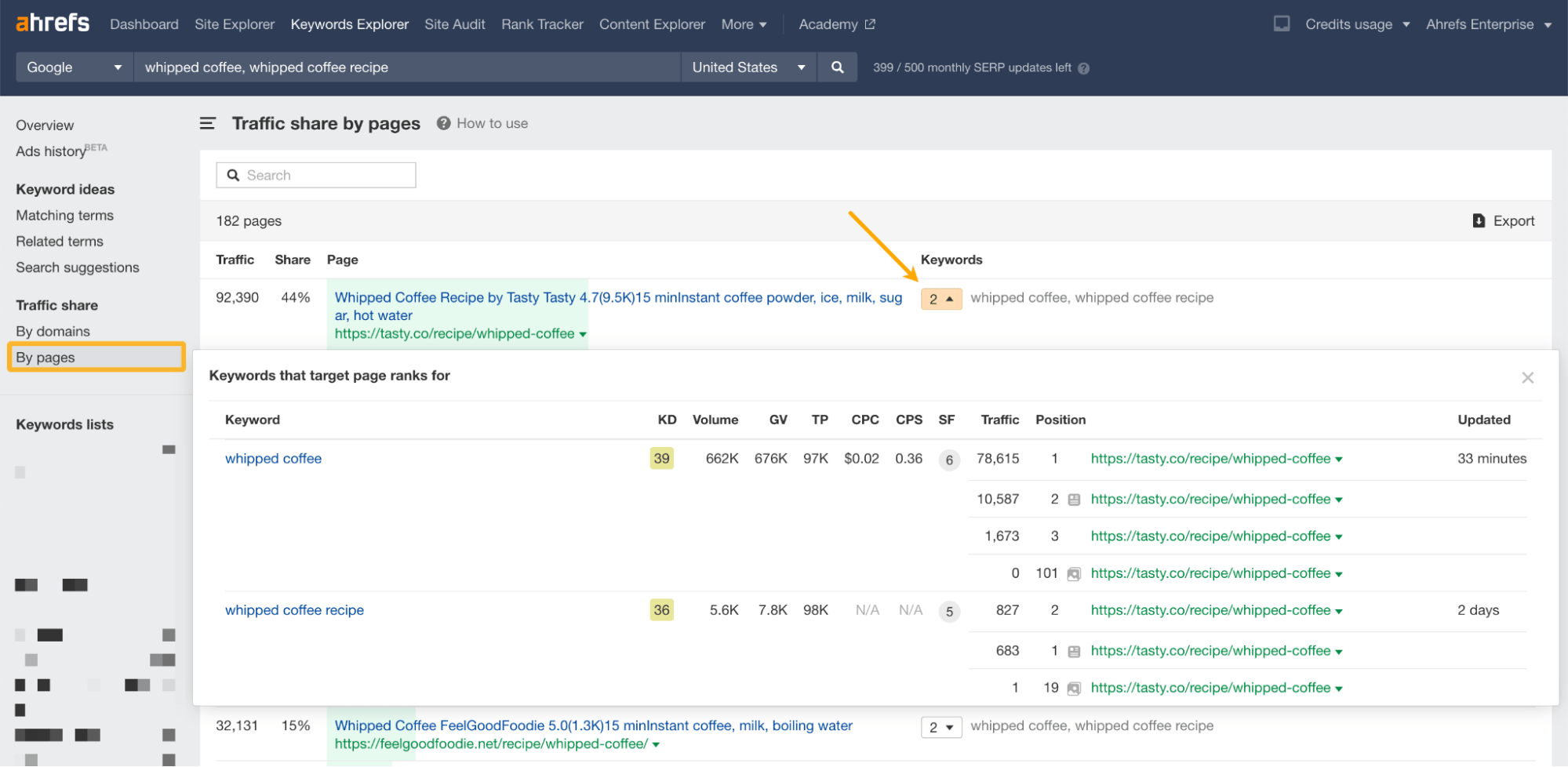 Ahrefs Keywords Explorer（关键词分析）的 Traffic share by pages（按页面划分的流量份额）报告