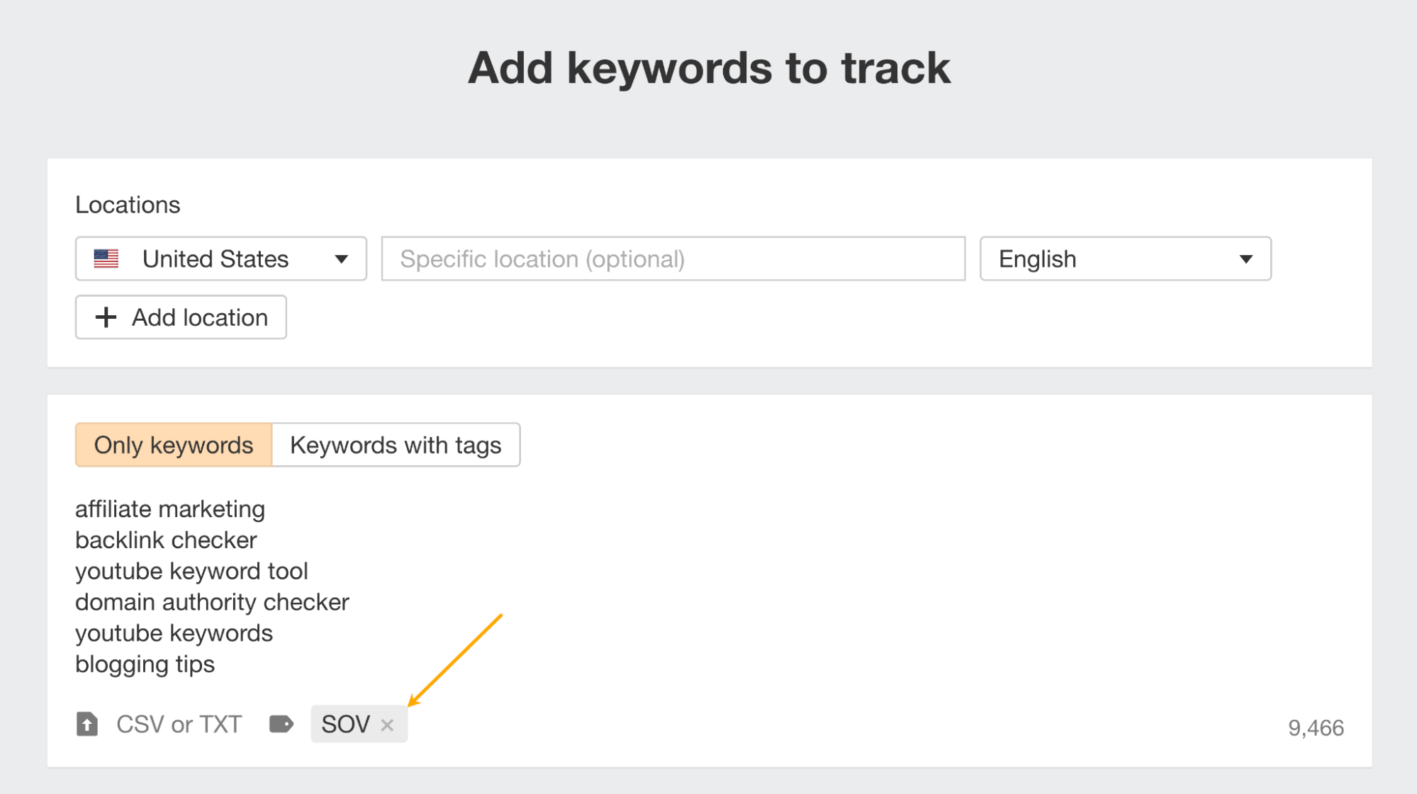 Adding a tag to keywords for a Rank Tracker project