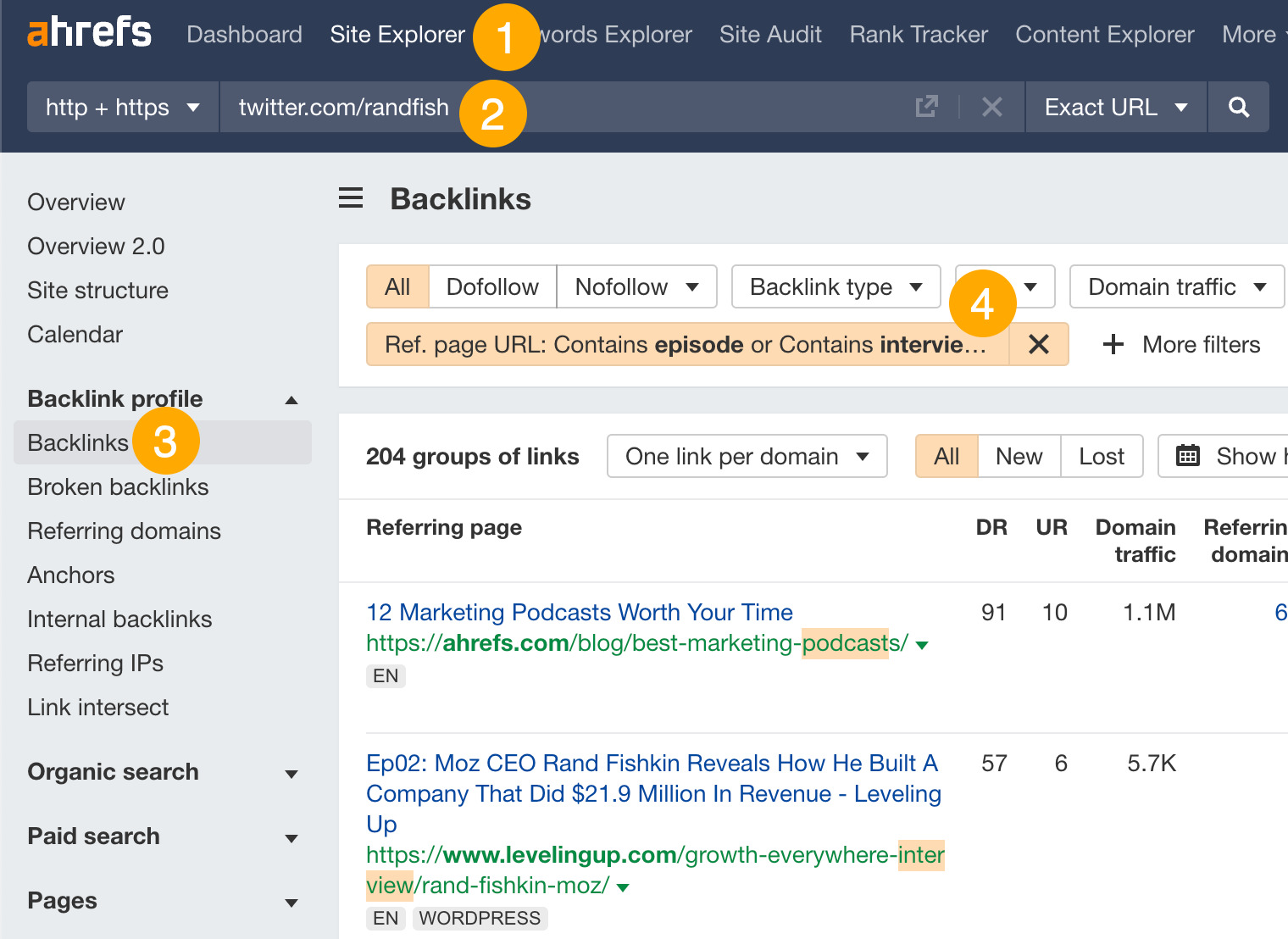 Filtering the Backlinks report for interview and podcasts links in Ahrefs' Site Explorer
