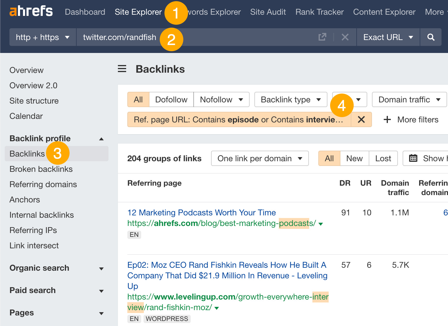 在 Ahrefs 的网站分析中过滤访谈和播客链接的外链链接报告  