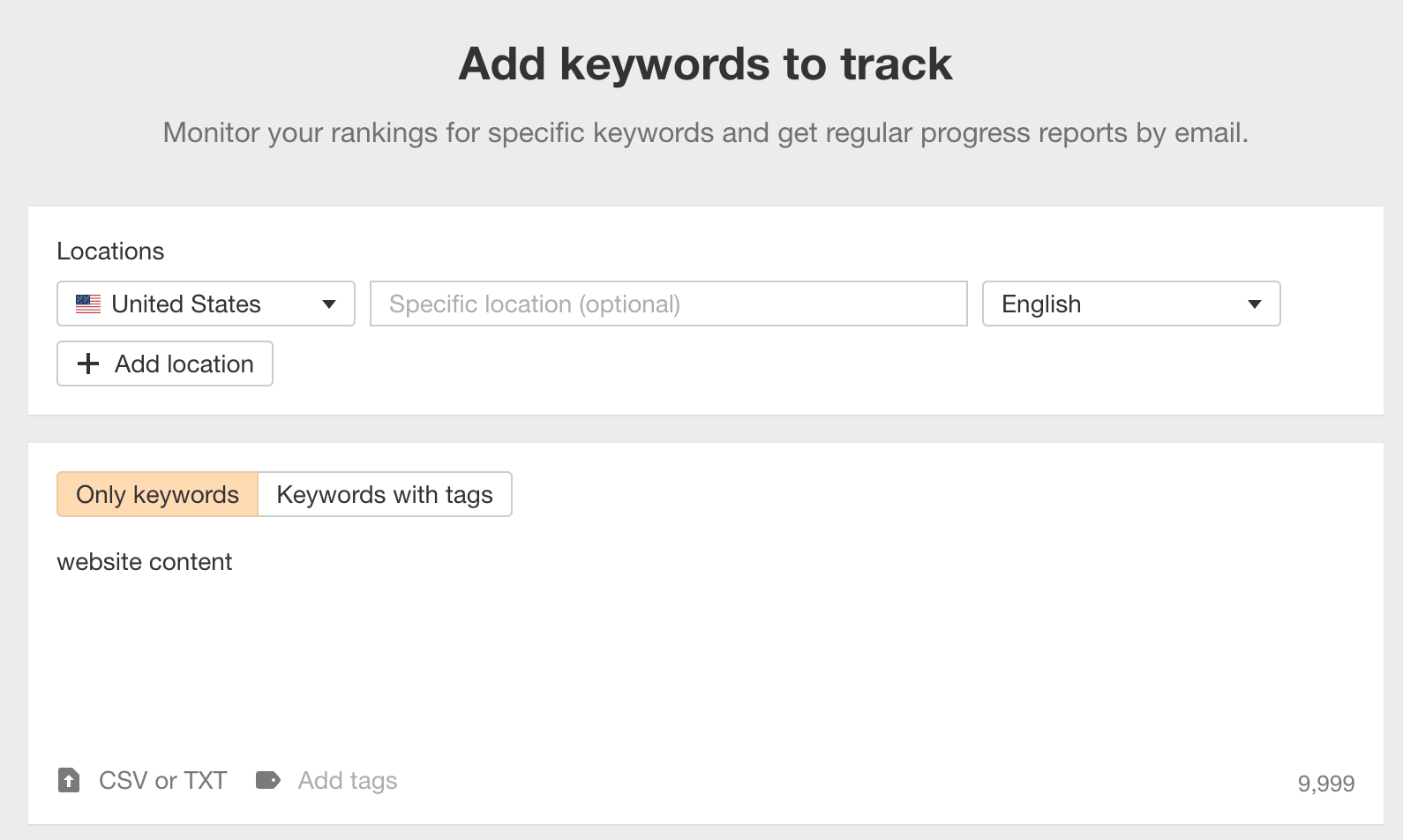 Adding keywords to track in Ahrefs' Rank Tracker