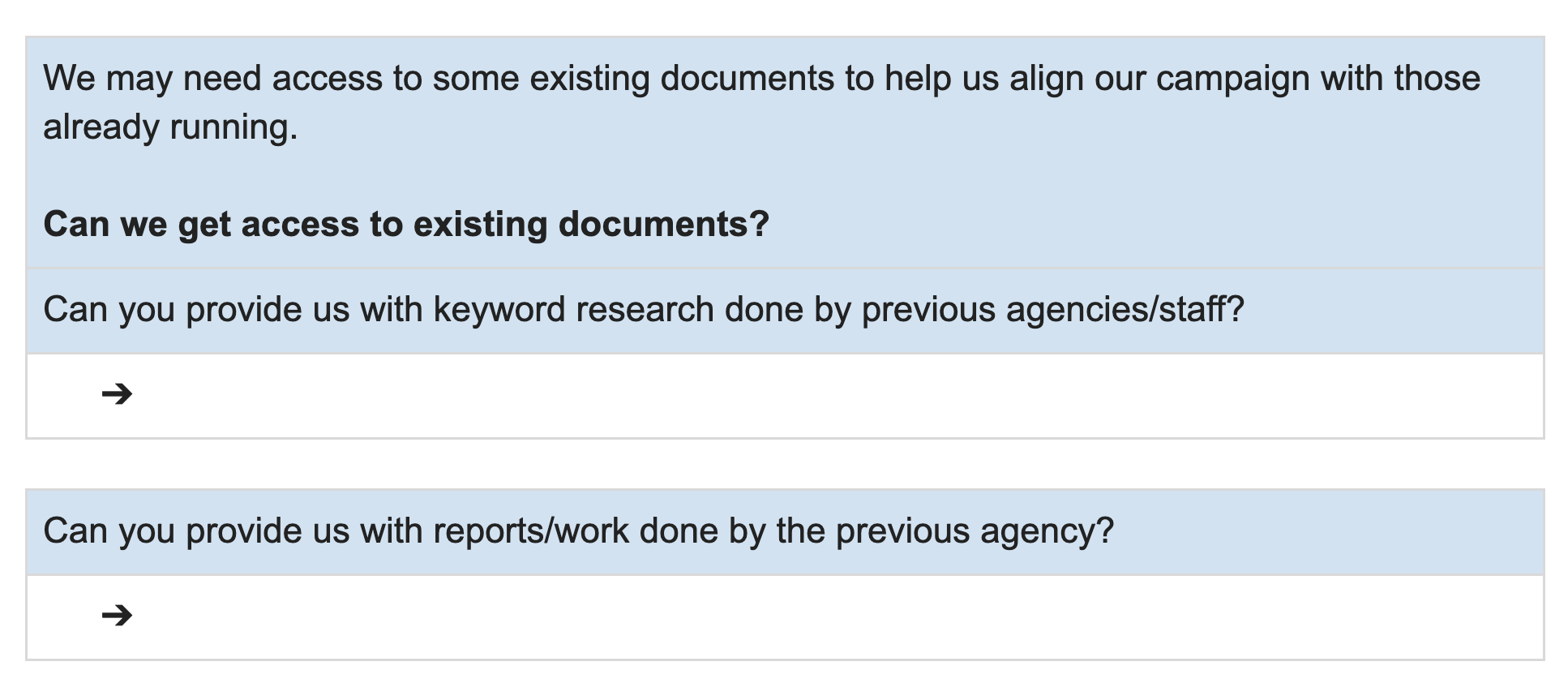Example of questions to ask about existing documents