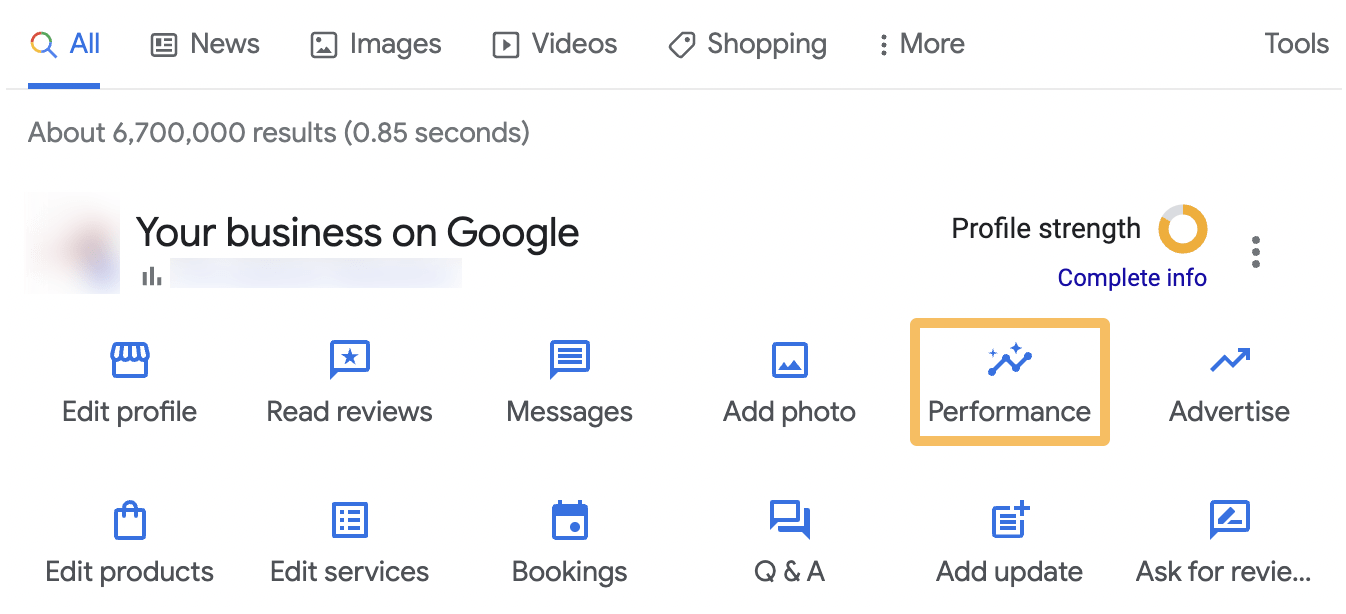 SERP dashboard with "Performance" icon highlighted, via Google Business Profile
