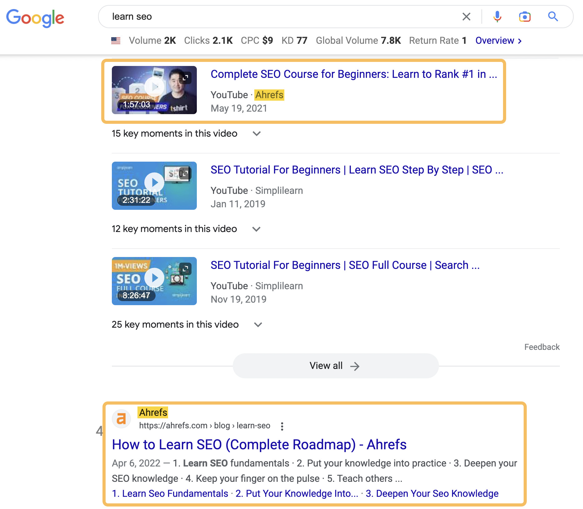 SERP results for "learn seo" showing both a YouTube video and blog post from Ahrefs