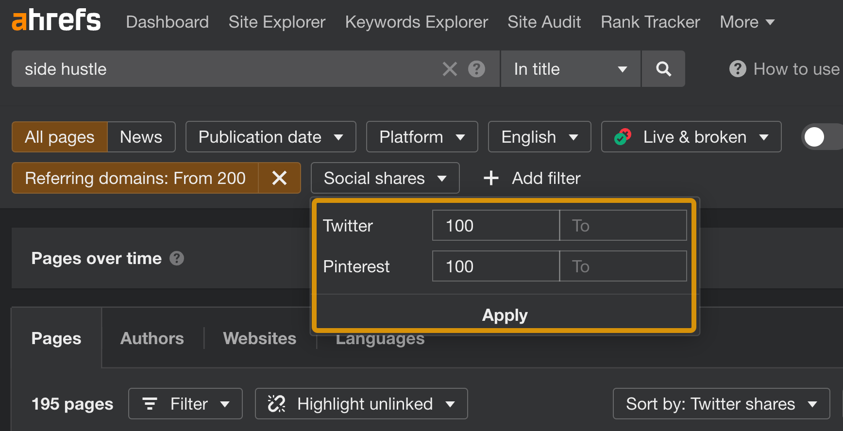 在 Ahrefs Content Explorer（内容分析）中通过社交分享过滤结果