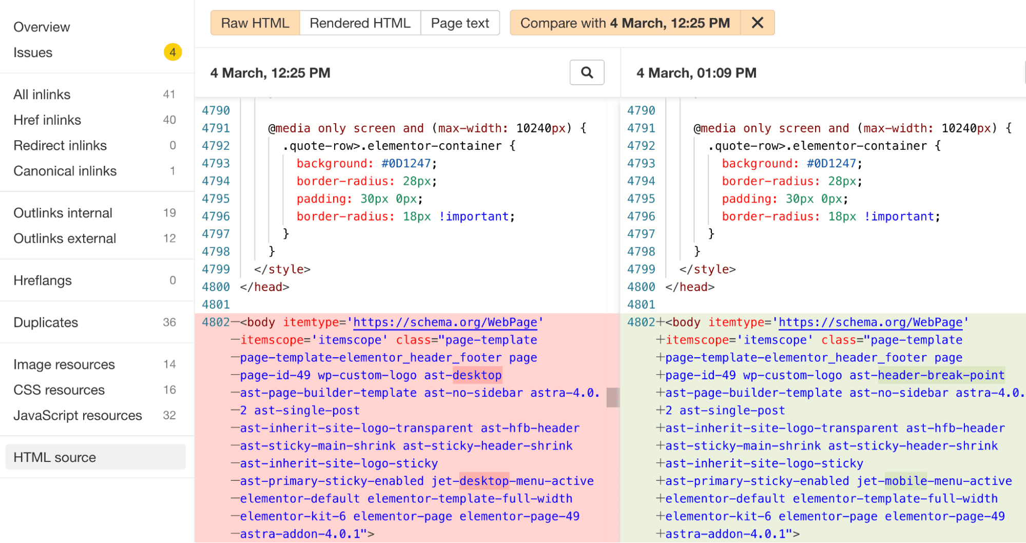 Comparing HTML source code, via Ahrefs' Site Audit crawl comparisons
