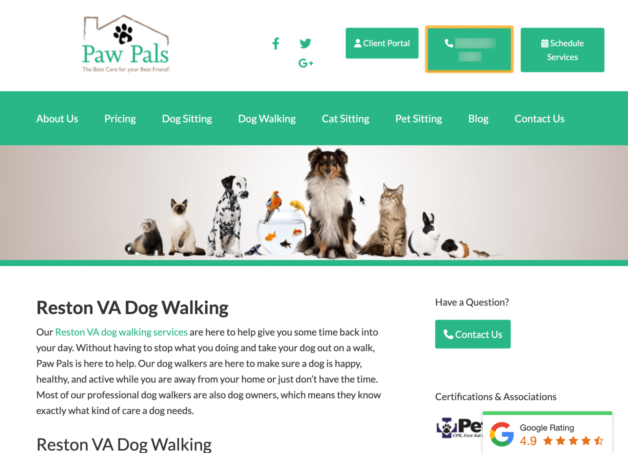 صفحه فرود Reston VA Dog Walking، از طریق Paw Pals