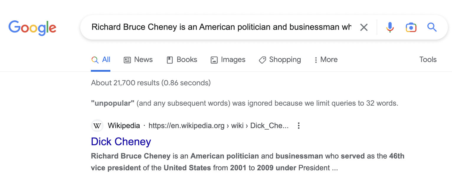 Quick copy check in Google search, via Google.com
