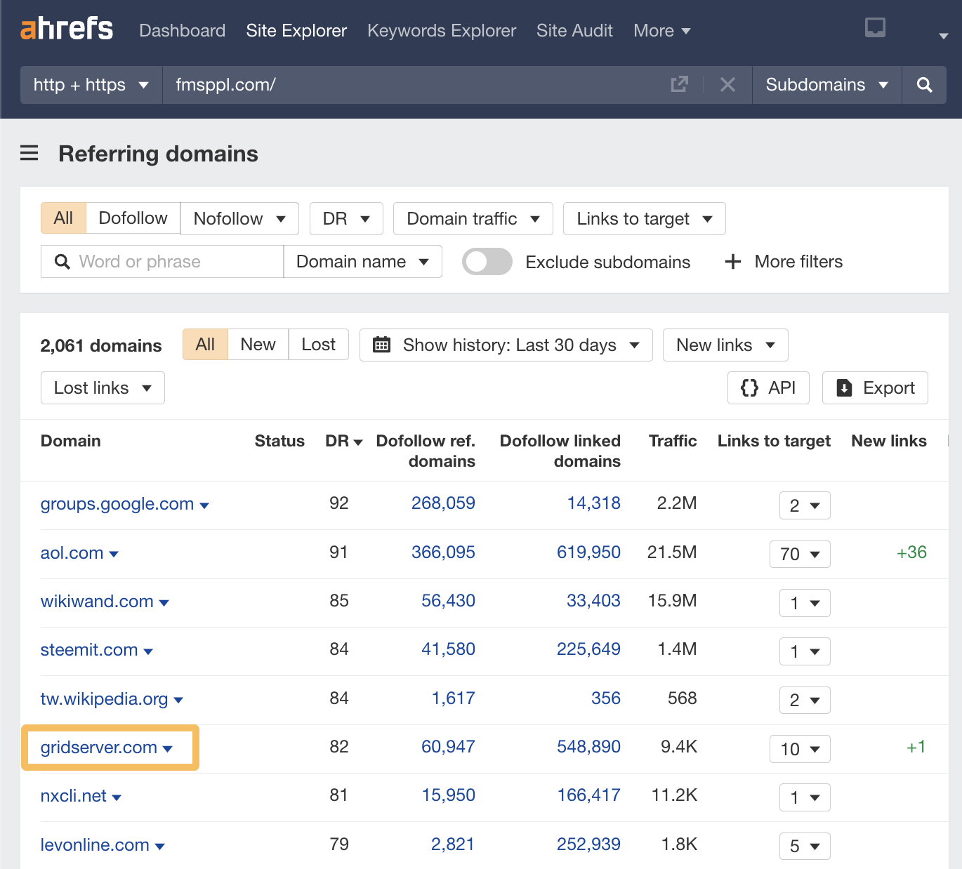 DR 82 link in Referring domains report, via Ahrefs' Site Explorer
